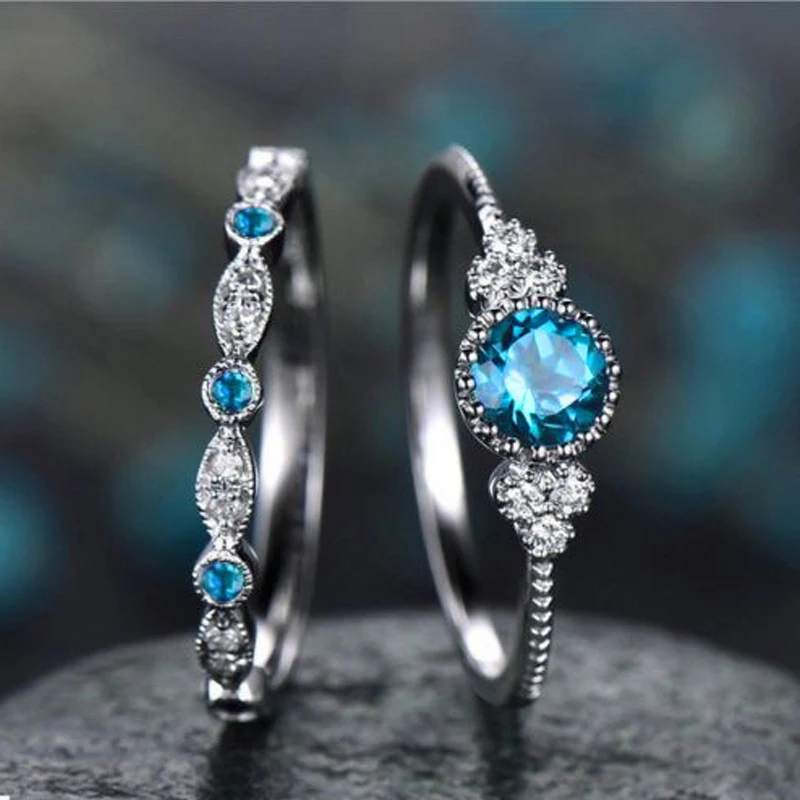 

Round Zircon Double Bridal Ring Women's Wedding Engagement Ring Silver Plated Green Blue Romantic Crystal Ring Jewelry