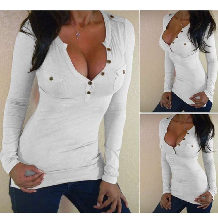 Женская футболка с длинным рукавом и глубоким V образным вырезом|fashion t shirt|t shirtwomen