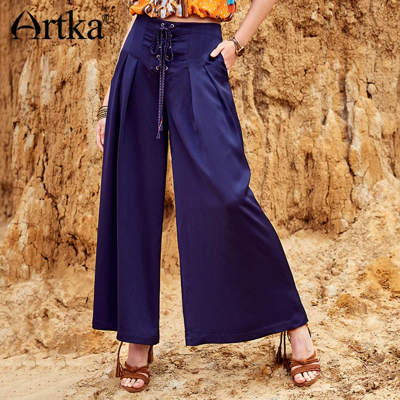Artka 2018 Summer New Women Loose Drawstring Tassel High Waist Vintage Wide Leg Pants Casual