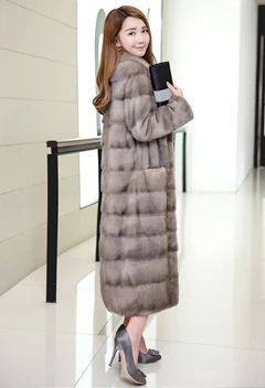 Женское длинное пальто из натурального меха норки, зимняя приталенная теплая Женская длинная куртка из меха норки с отложным воротником - Цвет: iron grey