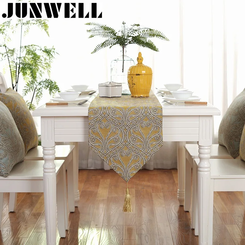 

Junwell Fashion Modern Table Runner Colorful Nylon Jacquard Runner Table Cloth With Tassels Cutwork Embroidered Table Runner