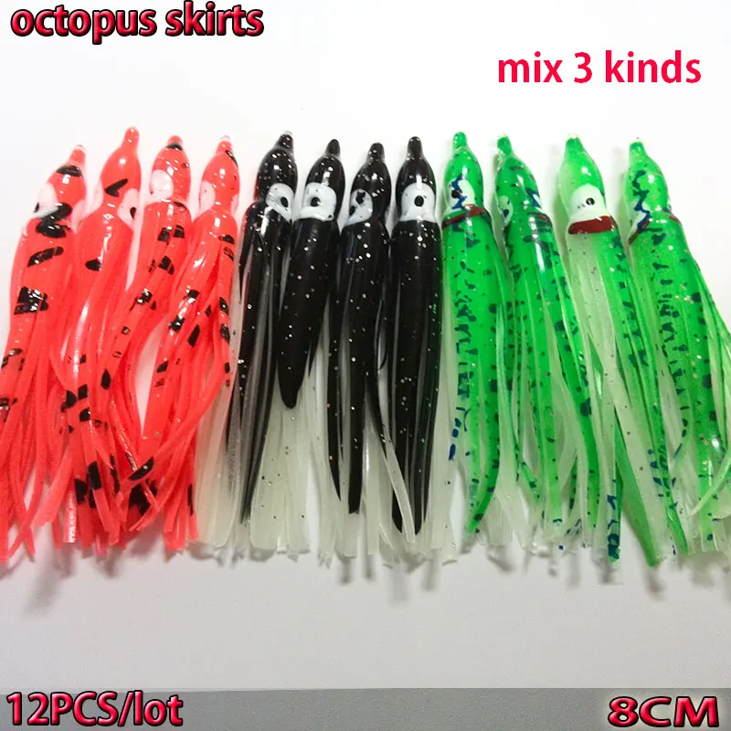 

NEW ARRIVAL 2019 3 color mix fishing squid octopus jig fishing octopus skirts length is 8CM number:12pcs/lot