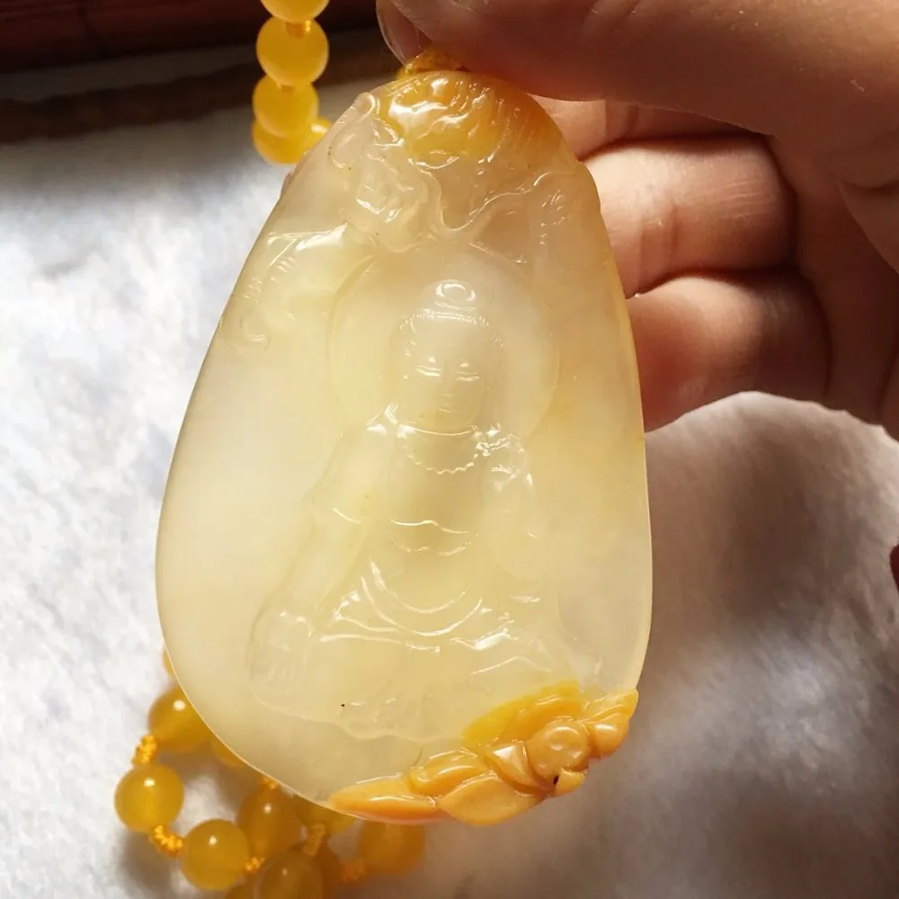 

Natural Huanglong jade large style Guanyin pendants