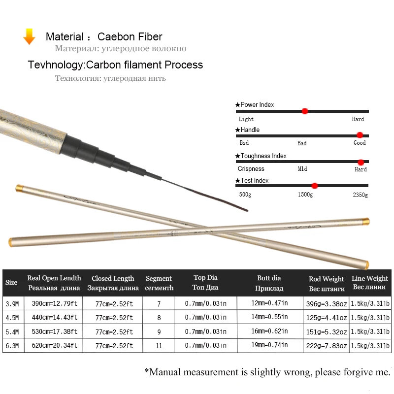 Супер светильник Жесткий Удочка 3,9/4,5/4,8/5,4/6,3 м углеродного волокна ручной полюс легко наживки для рыбалки, с высоким содержанием углерода высокого качества стержень