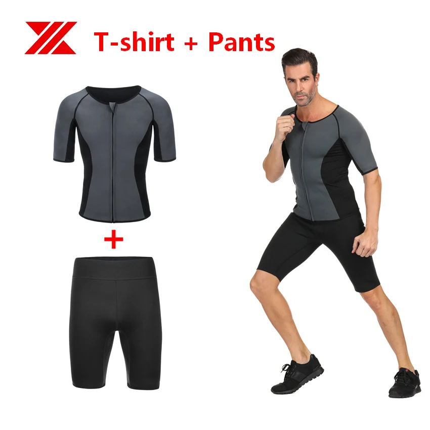 HEXIN Men T-shirt Pants Neoprene Body Shaper Fat Burning Tops Waist Trainer Sauna Sweat Tummy Control Shaperwear for Weight Loss