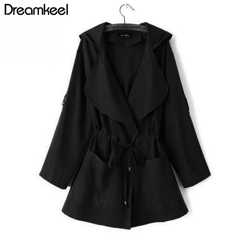 Новинка, Женская куртка, осеннее пальто с длинным рукавом и капюшоном, женская Свободная верхняя одежда, куртка, повседневная, эластичная талия, кимоно с карманами Y - Цвет: Черный