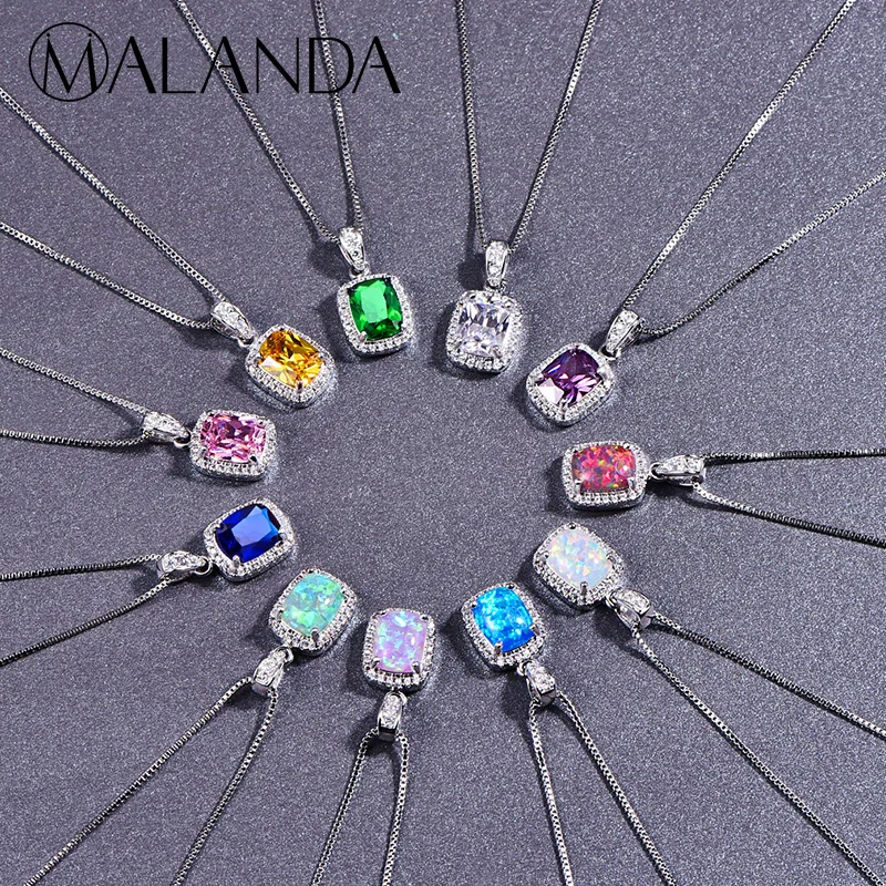

MALANDA Brand Square opal Stone Pendants Necklaces For Women Zirconia necklace Fashion Silver Color Statement Necklace Jewelry