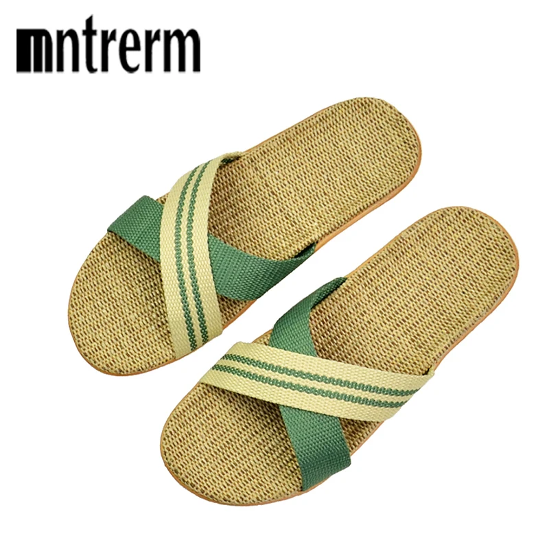 comprar Mntrerm Mulheres sapatos De Linho Colorido Tarja Cânhamo Chinelos Home Indoor Sapatos Femininos Não deslizamento Praia Cânhamo Chinelos Fundo Macio