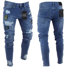 Европейский и американский стиль, новинка, мужские эластичные джинсы с мультяшными заплатками, обтягивающие джинсы, модные ретро джинсы с дырками на коленях