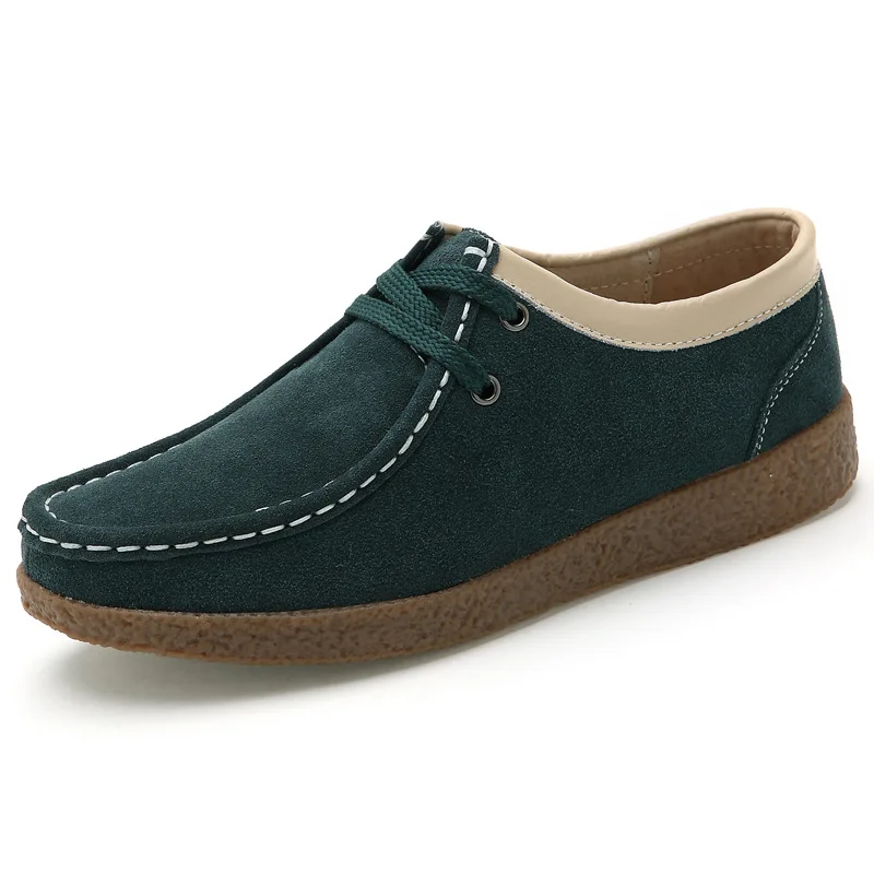 YAERNI/осенне-зимняя женская обувь; обувь из натуральной кожи на плоской подошве; гибкая обувь для вождения; женские модные кроссовки на шнуровке с круглым носком - Цвет: dark green