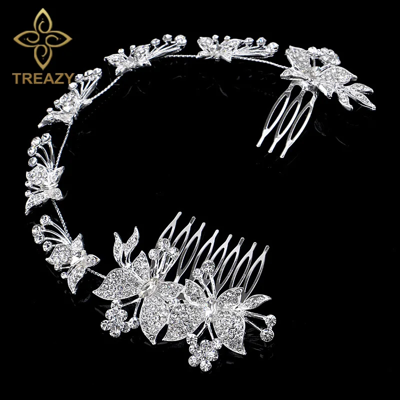 

TREAZY CZ Rhinestone Princess Wedding Tiara Austrian Crystal Butterfly Flower Bridal Long Hair Combs Brides Hair Accessories