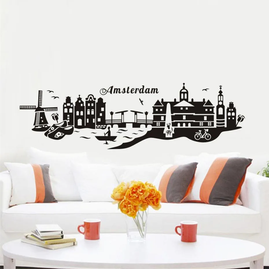 

Amsterdam Famous City Landmark Wall Sticker Whole Scenery Waterproof Art Vinyl Decal Bar Cafe Living Room House Decor
