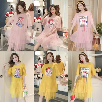 

Maternity dress summer dress new Korean version of the loose mesh stitching maternity dress cartoon print pregnancy skirt
