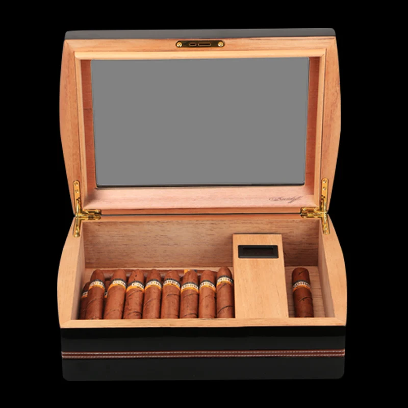 High-end Glass Transparent Skylight Glossy Piano Cedar Wood Cigar Humidor Storage Box W/ Hygrometer Humidifier