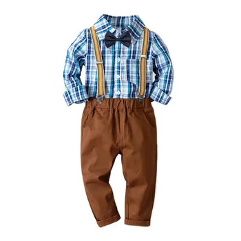 

2019 2Pcs cut babys boys Toddler Baby Kids Boys Gentleman Stripe Top T-Shirt Plaid Trousers Pants Set Z0128