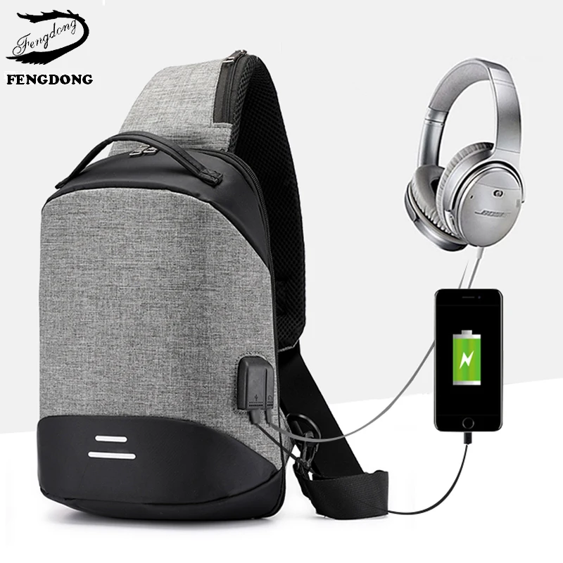 

Fengdong New Men Cross body Bags Fashion USB Charging Shoulder bag Short Trip Chest pack Male large capacity 2018 bolso hombre