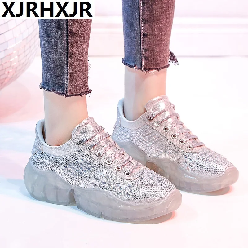 

XJRHXJR shinning silver crystal sneakers women 2019 spring fashion rhinestones platform casual shoes woman leather walking flats