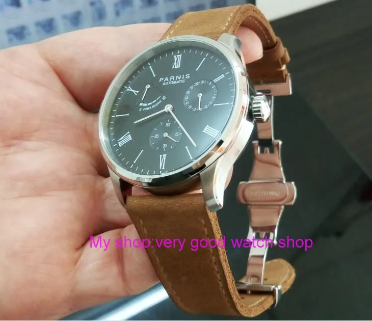 

PARNIS 40mm black dial Automatic Self-Wind movement power reserve men's watch Auto Date butterfly buckle Mechanical watch 359a