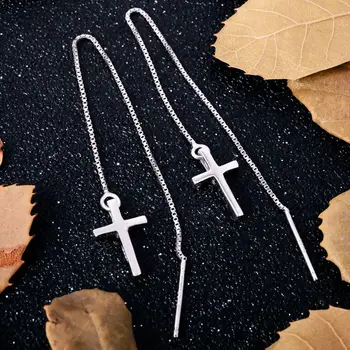 

925 Silver Simple Strip Bar Long Line Chain Drop/Dangle Earrings Rhodium Plated Fashion Jewelry Christian Cross Dangle Earrings