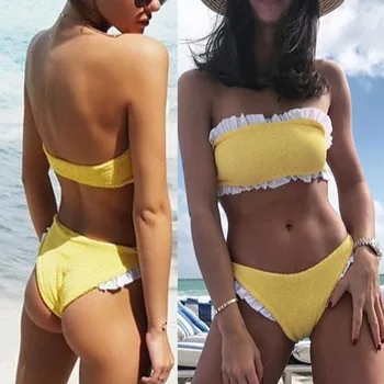 

Women Summer Bikini Yellow Hight Waist Sexy Two Piece Swimwear Set
