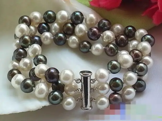 

3760 3ROW WHITE BLACK ROUND FW PEARL BRACELET MAGNET