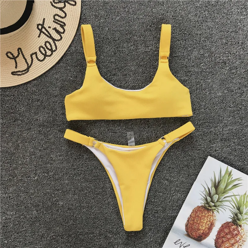 2019 трусики бикини Однотонный женский купальник купальный костюм Maillot De Bain Femme Монокини, пляжная одежда ушко комплект Монокини