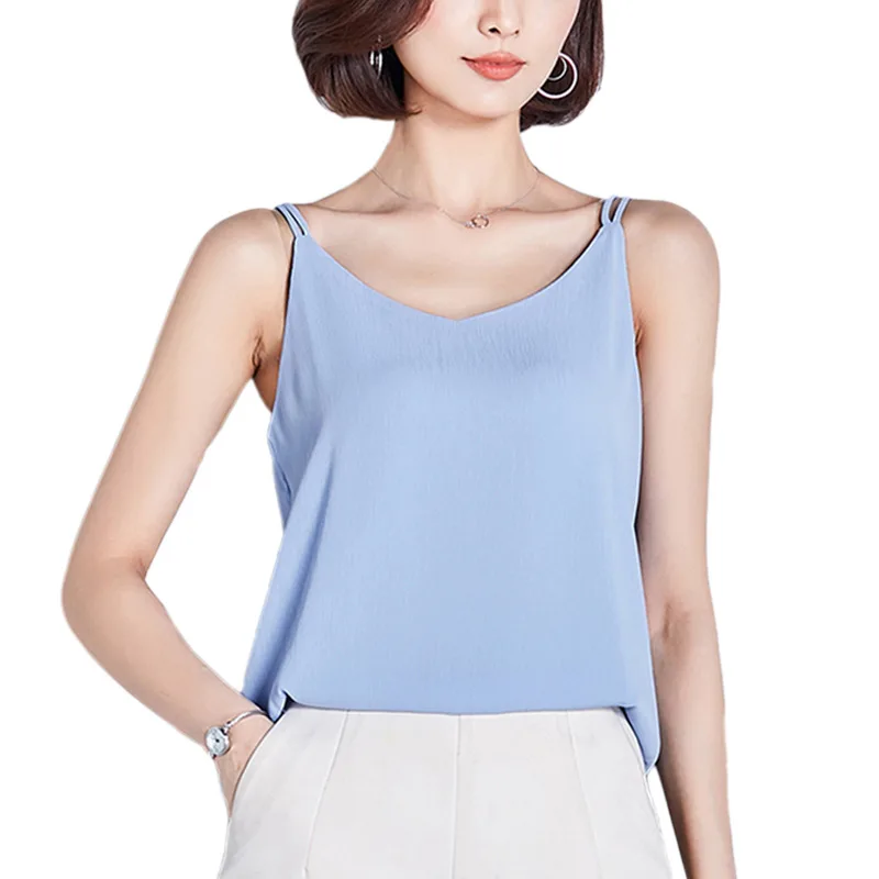 

Korean Office Ladies Chiffon Tops Women Elegant V-Neck Backless Sexy Camis Off White Tank Tops Women Chiffon Shirts Plus Size