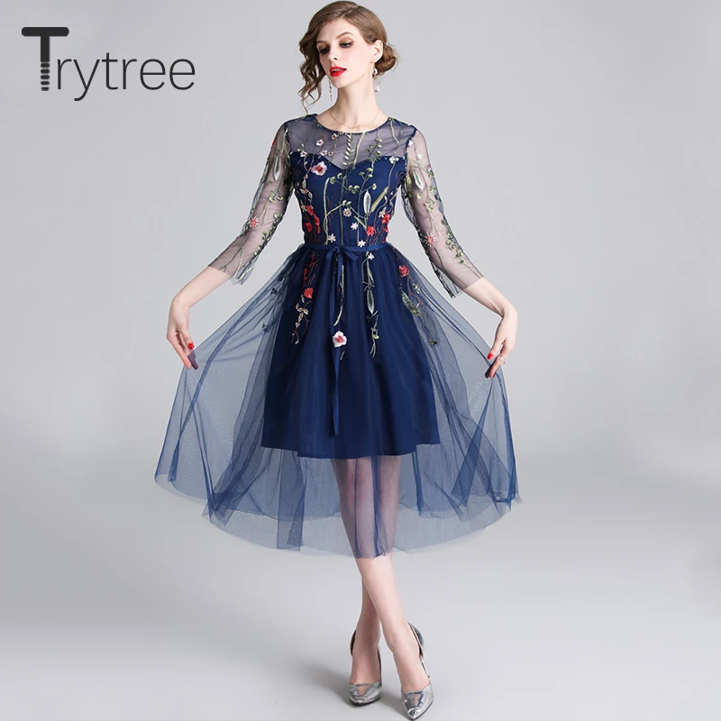 Летнее романтическое Повседневное платье Trytree 2020 женские ажурные платья до