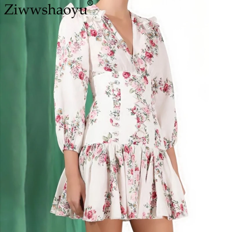 

Ziwwshaoyu Vacation Print Mini dresses V-Neck Ruffles elegant Girdle Slim dress Spring and summer new women's