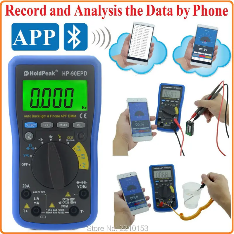

APP & Bluetooth Multimeter HoldPeak HP-90EPD Digital Auto Range Multimeter with Mobile Phone to Record and Analysis the Data