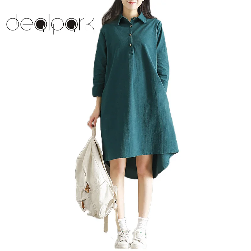 

XXXL 5XL Plus Size Dress female Cotton Dress Turn-down Collar Button Hi Low Hem Long Sleeves Robe Loose School Dress Mini Casual