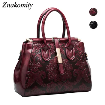 

Znakomity Vintage style genuine leather bag embossed handbags female retro Embossing flower hand bag for women Shoulder tote bag