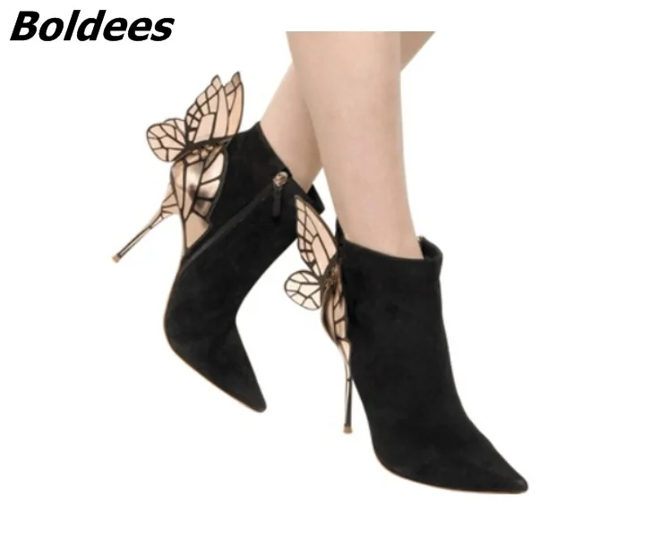 

Glamorous Black Suede Thin High Heels Butterfly Short Boots Classy Women Pointed Toe Stiletto Heel Ankle Boots Trendy Shoes