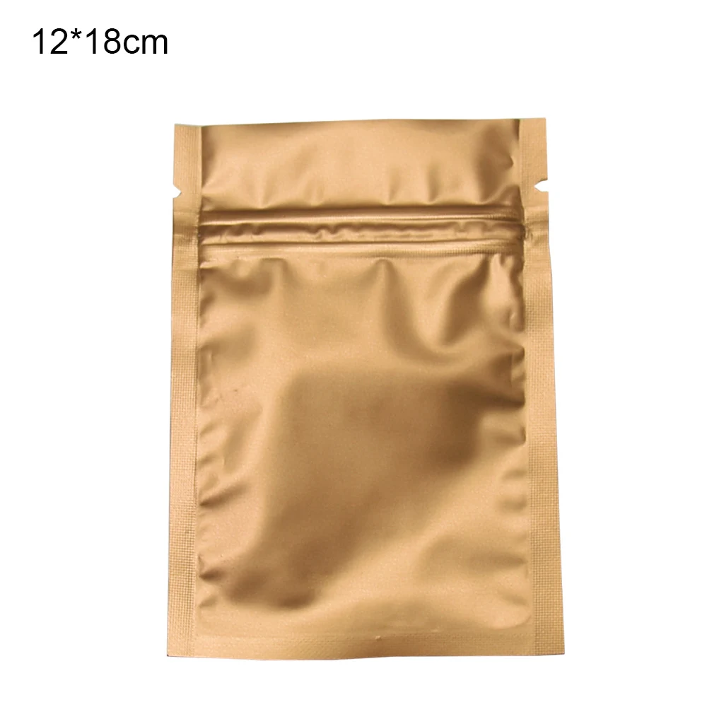 

12*18cm 100pcs/lot Matte Gold Aluminum Foil Ziplock Vacuum Food Pack Bag Moisture-proof Zipper Package Pouches With Tear Notch