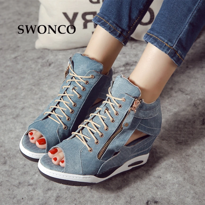 

SWONCO Women's Sandals 2018 Summer Denim Height Increasing Ladies Shoes Gladiator Sandals Women Wedge Lace Up Woman Shoes