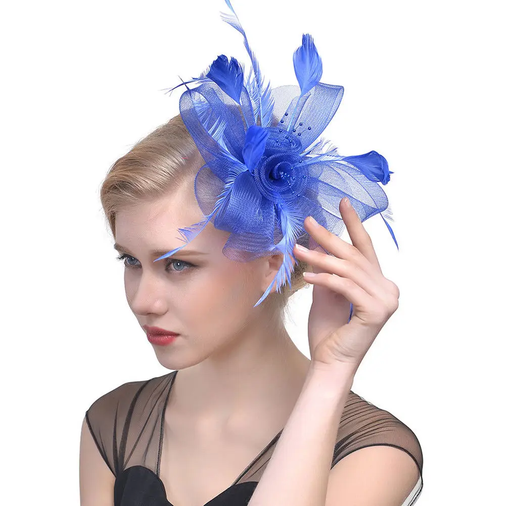 Бренд Для женщин вуаль сетчатый, с перьями различных мероприятий стразы, с цветами, из бисера; тонкая работа; заколка для волос коктейль Чай Вечерние - Цвет: B Blue