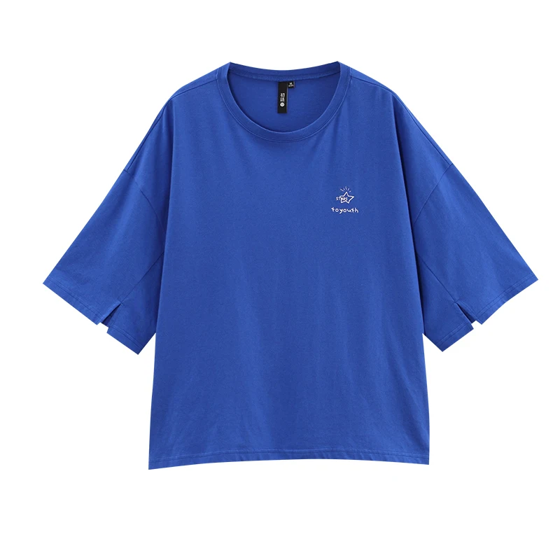 Toyouth Весенняя женская футболка с коротким рукавом, Повседневная одноцветная футболка с круглым вырезом, Новое поступление, женские хлопковые свободные топы больших размеров - Цвет: blue
