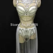 Кристально Сияющий Серебряный Белый наряд юбка костюм сценическая одежда для выпускного вечера сексуальный горный хрусталь Блестки Дизайн диджей певича вечерние платья