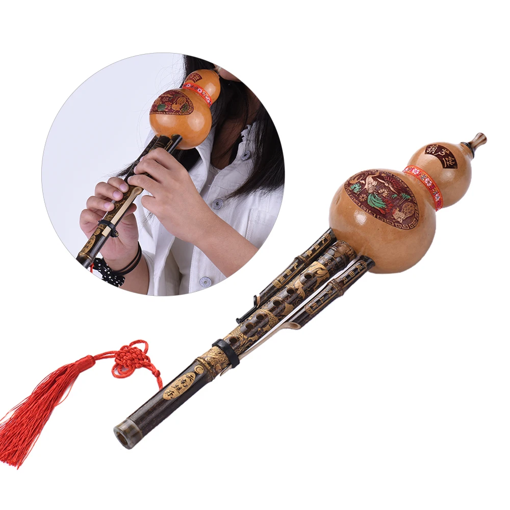 Chinese Handmade Black Bamboo Hulusi Gourd Cucurbit Flute Ethnic Musical Instrument Key of C with Case for Beginner Music Lovers