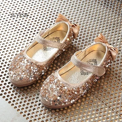 

SLYXSH New Children Princess Glitter Sandals Kids Girls Soft Shoes Non-slip Low-heeled Dress Party Shoes Pink /Silver/Gold
