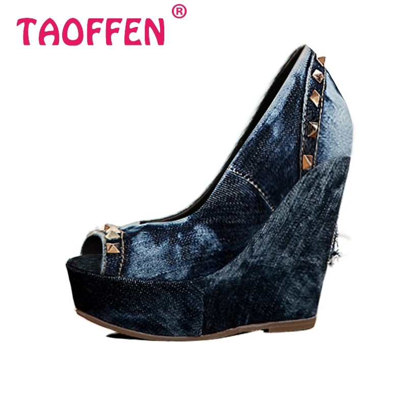 

Womens High Heel Shoes Open Toe Wedge Heel Denim Blue Studded Shoes Woman Sexy Rivets Platform Pumps Heeled Mujer Size35-46 B178