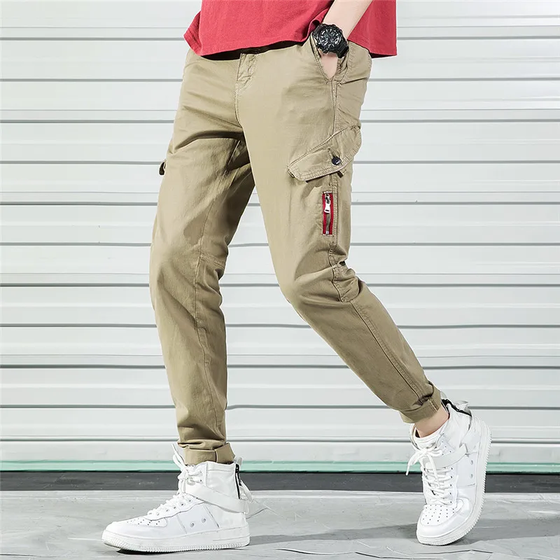 2019 New Men Casual Pants Cotton Men s Summer Casual Multi Pocket Zipper Cargo Pants Military 3