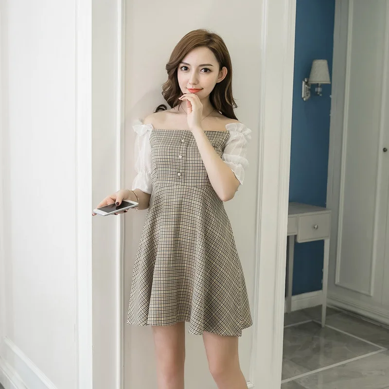 2018 Summer New Women Fresh Lattice Feifei Sleeve Dress Short Fund Leisure Time Vest Fashion A-line Dress