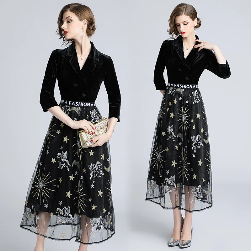 

2019 Spring New Female Double-breasted Notched Collar Velvet Patchwork Mesh Dress Women Elegnt Embroidery Stars Moon Long Dress