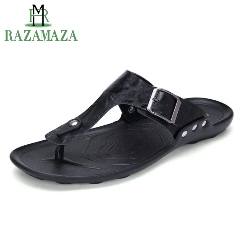 

ZALAVOR 4 Color Simple Men Real Leather Sandals Round Toe Slip On Flats slippers Summer Daily Shoes Male Footwear Size 38-44