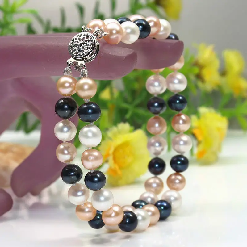 

shippingGZ real 2 Rows AA 7-8mm White Black Pink Cultured Pearls Bracelets 5.25