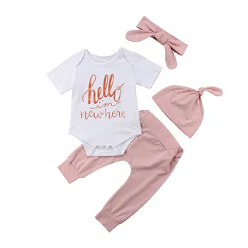 

Newborn Toddler Infant Baby Girl Pink Tops Romper Long Pants Leggings Hat Headband 4Pcs Set Outfit Clothes 0-24M