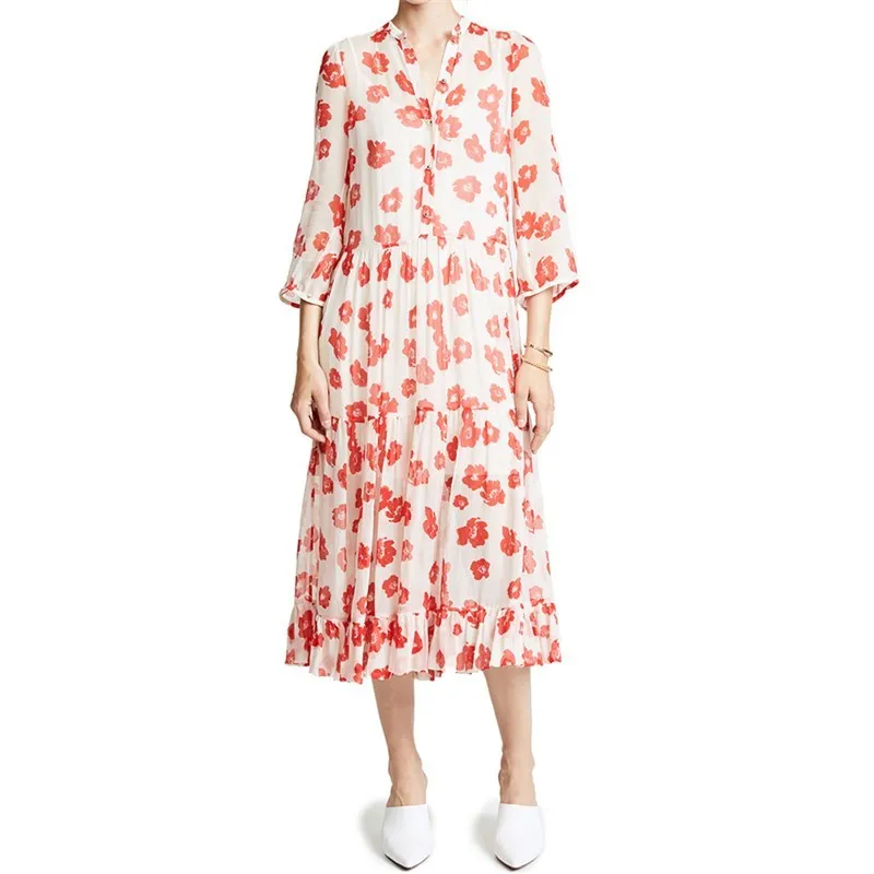 

spring western style fashion cute slim print flowers three quarter sleeve SML XL XXL stand collar woman casual a-line long dress