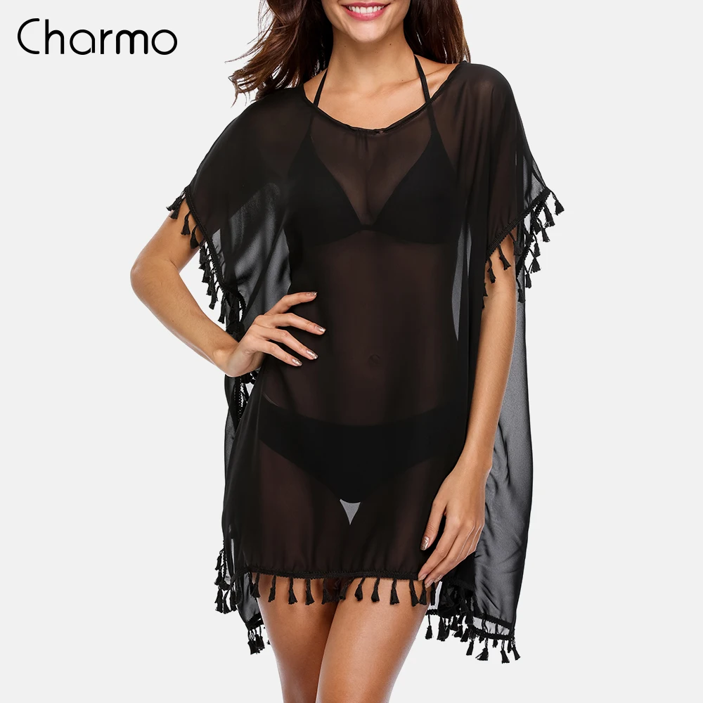 Charmo женская накидка Пляжная кафтан бикини шифоновая с кисточками прозрачный