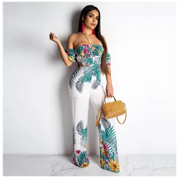 

Women Off Shoulder Print Wide Leg Jumpsuit Bohemian Slash Neck Backless Casual Rompers Summer Loose Jumpsuits